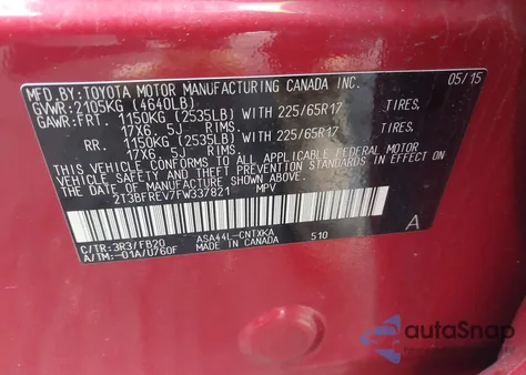 2015 Toyota Rav4 Le from USA, damaged, VIN 2T3BFREV7FW337821